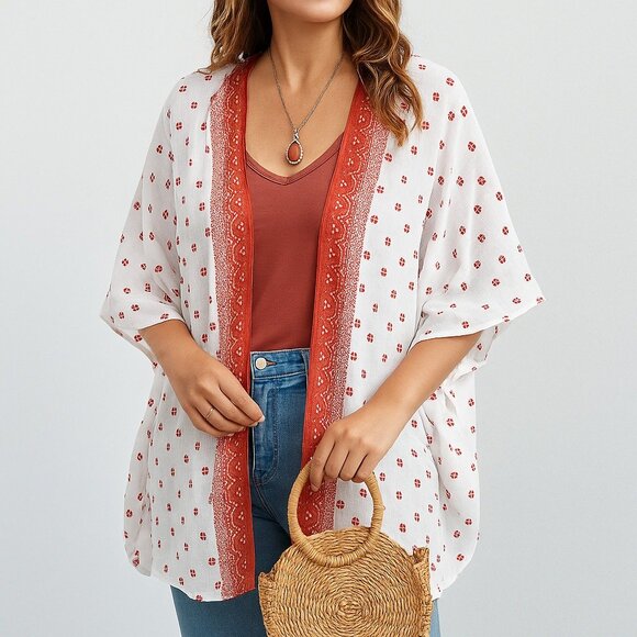 Zac & Rachel Woman 3X White Red Floral Print Open Front Boho Kimono Cardigan - Picture 1 of 15